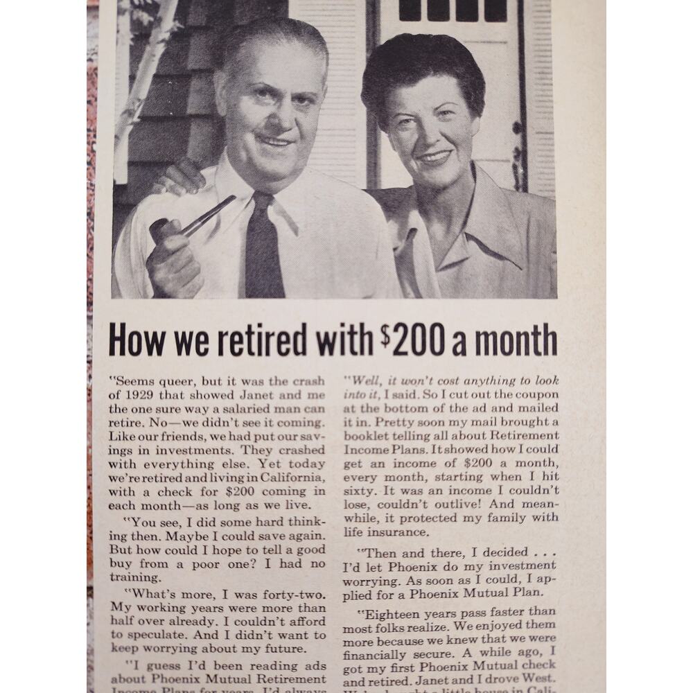 1950 Phoenix Mutual "How We Retired with $200 a Month" Happy Couple Vtg Print Ad